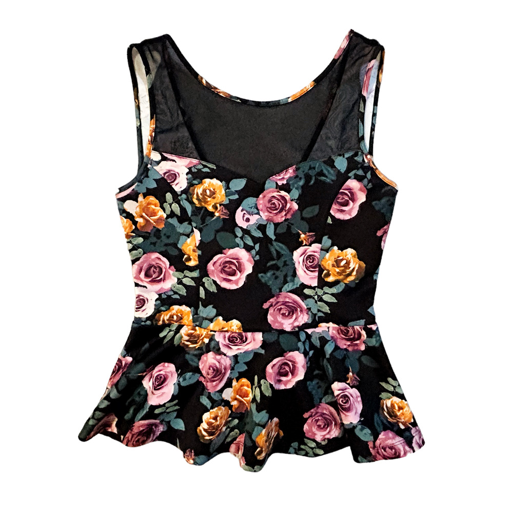 🛍️ Forever 21 Black Sleeveless Ruffle Floral Top Womens Size S